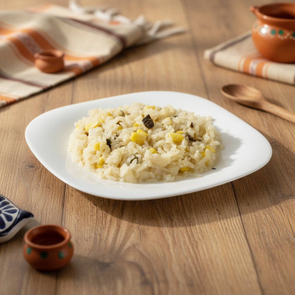ARROZ BLANCO CON RAJAS DE POBLANO Y GRANOS DE ELOTE