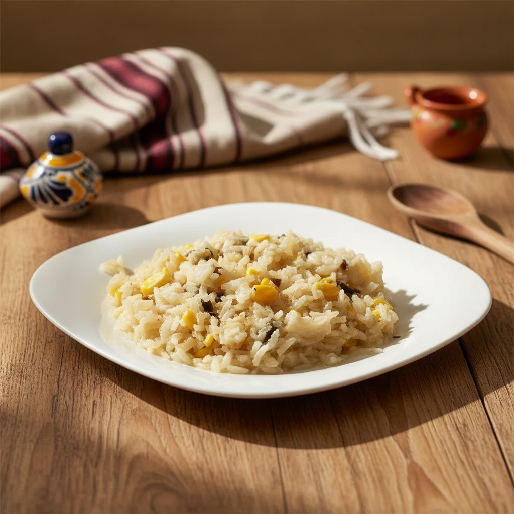 ARROZ BLANCO CON RAJAS DE POBLANO Y GRANOS DE ELOTE